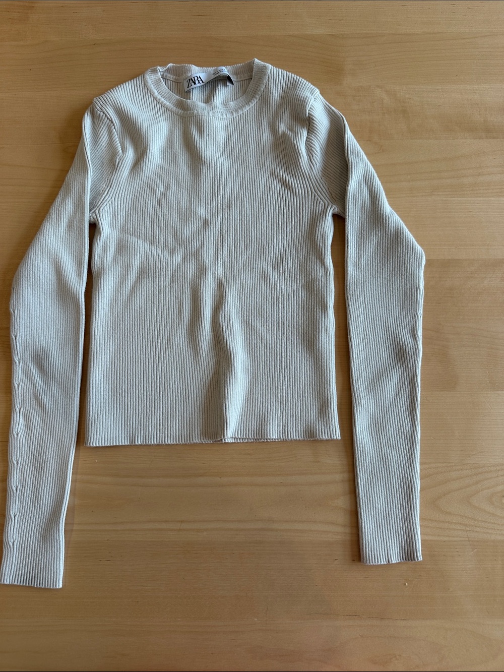 Zara Ribbed Long-Sleeve Crew Neck Top in Cream